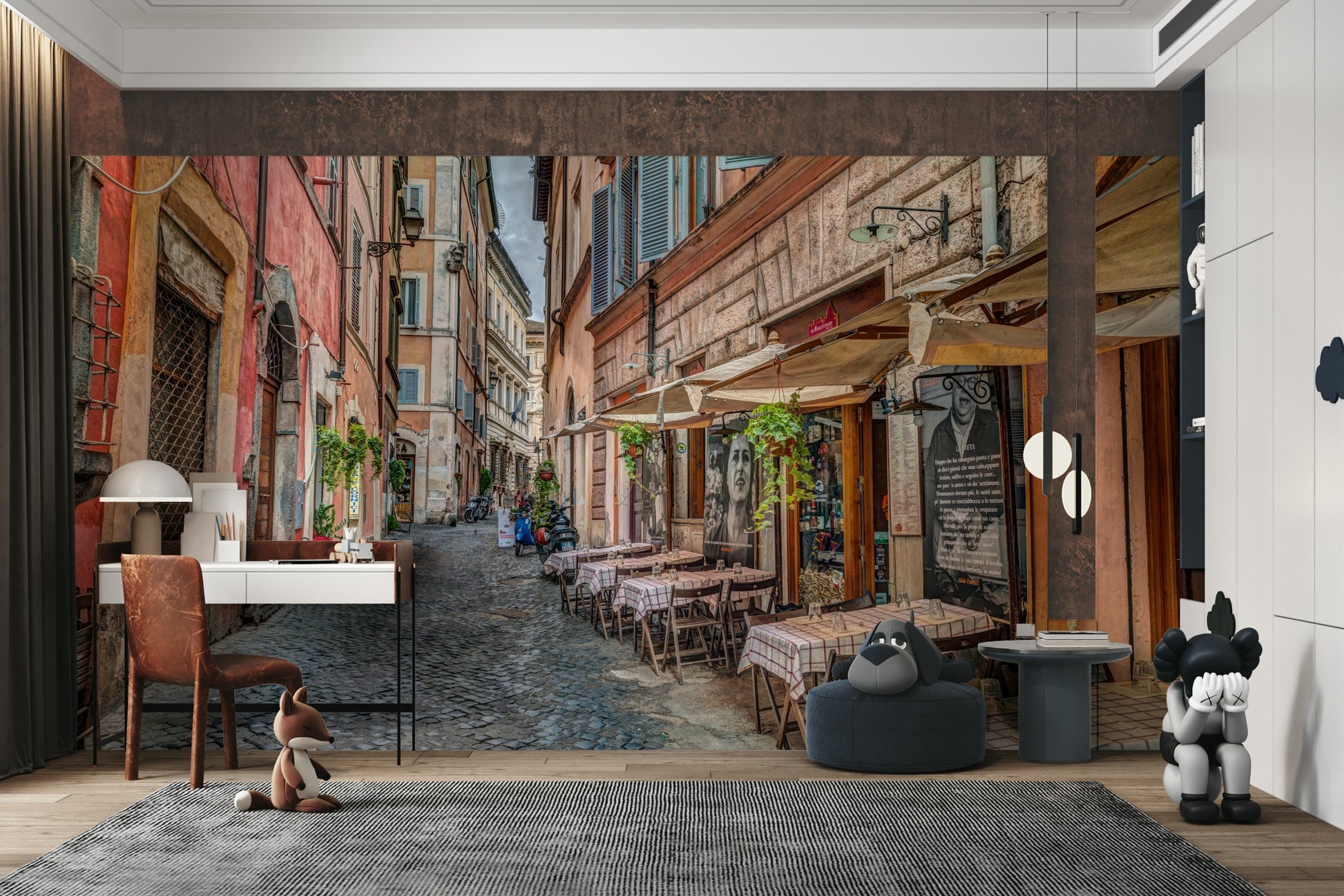 The mural gives a feeling of being in a classic European city.

