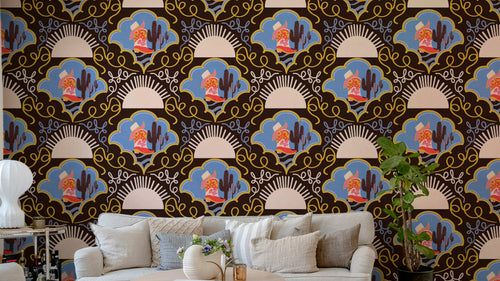 A wallpaper design with red cowboy boots and cacti.

