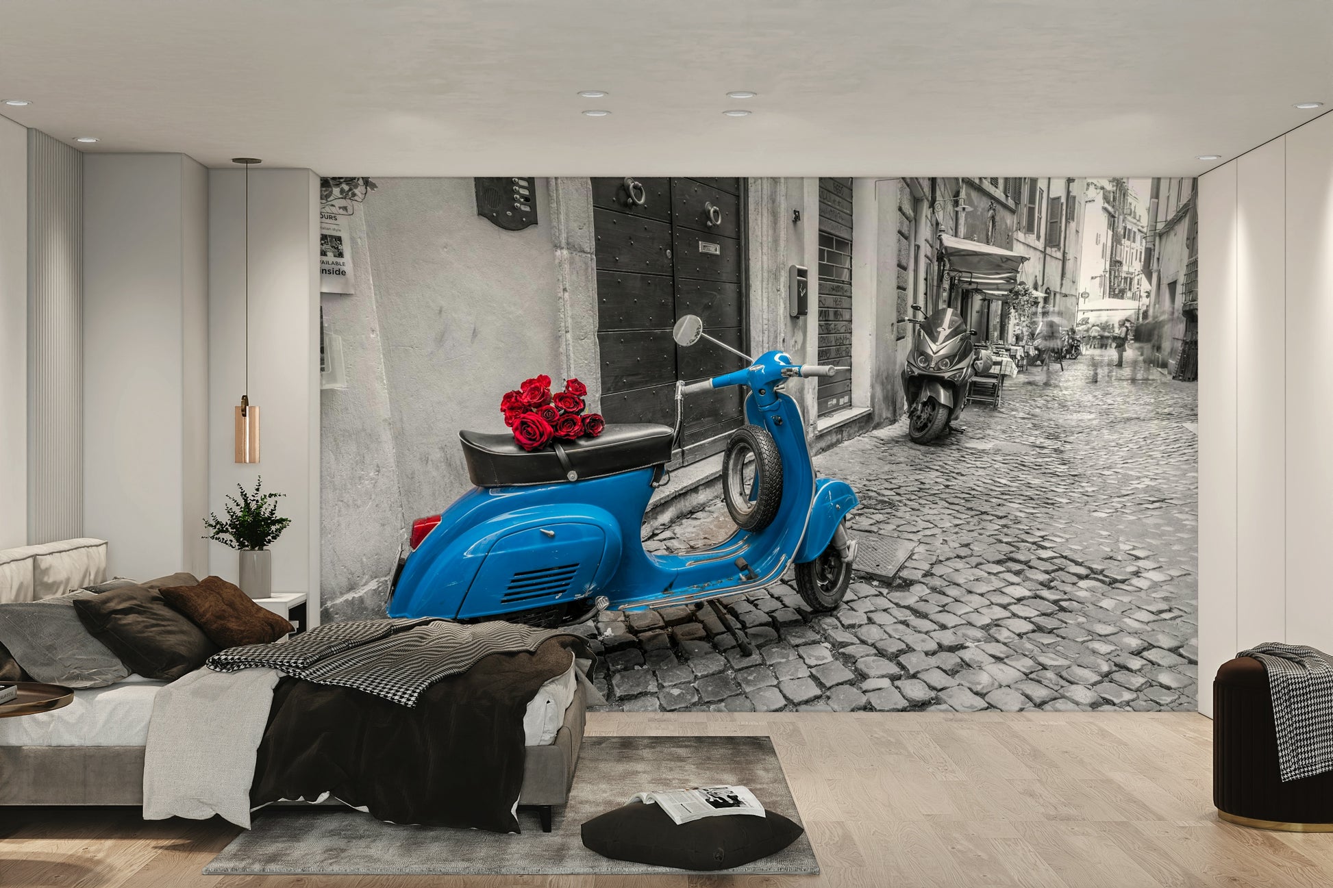 A wall mural of a blue scooter on a cobblestone street.

