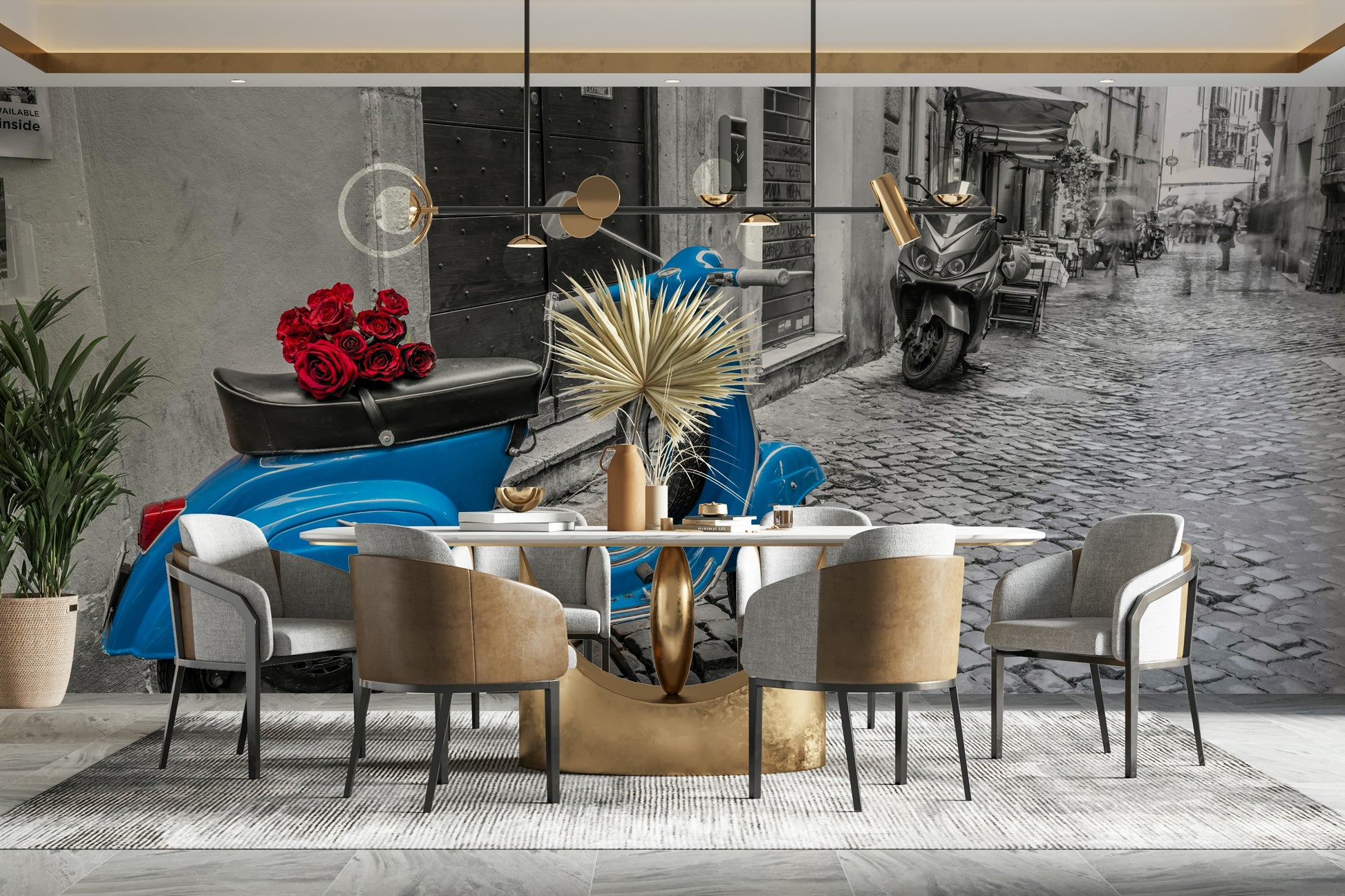 The mural gives a feeling of classic Italian street life.

