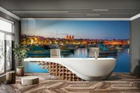 The image shows many colorful fishing boats floating in the water.

