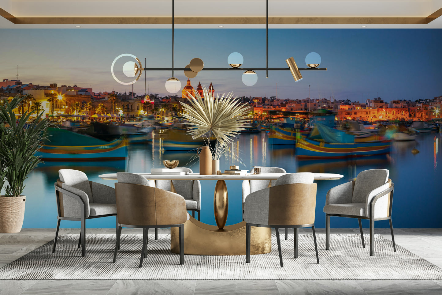 The colorful boats are the central focus of the image.

