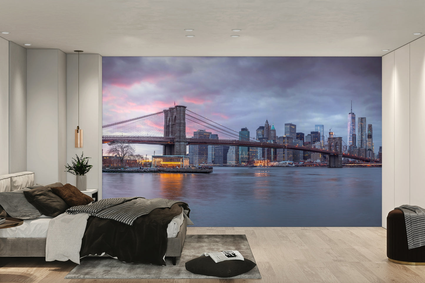 A wall mural of a city skyline at dusk.

