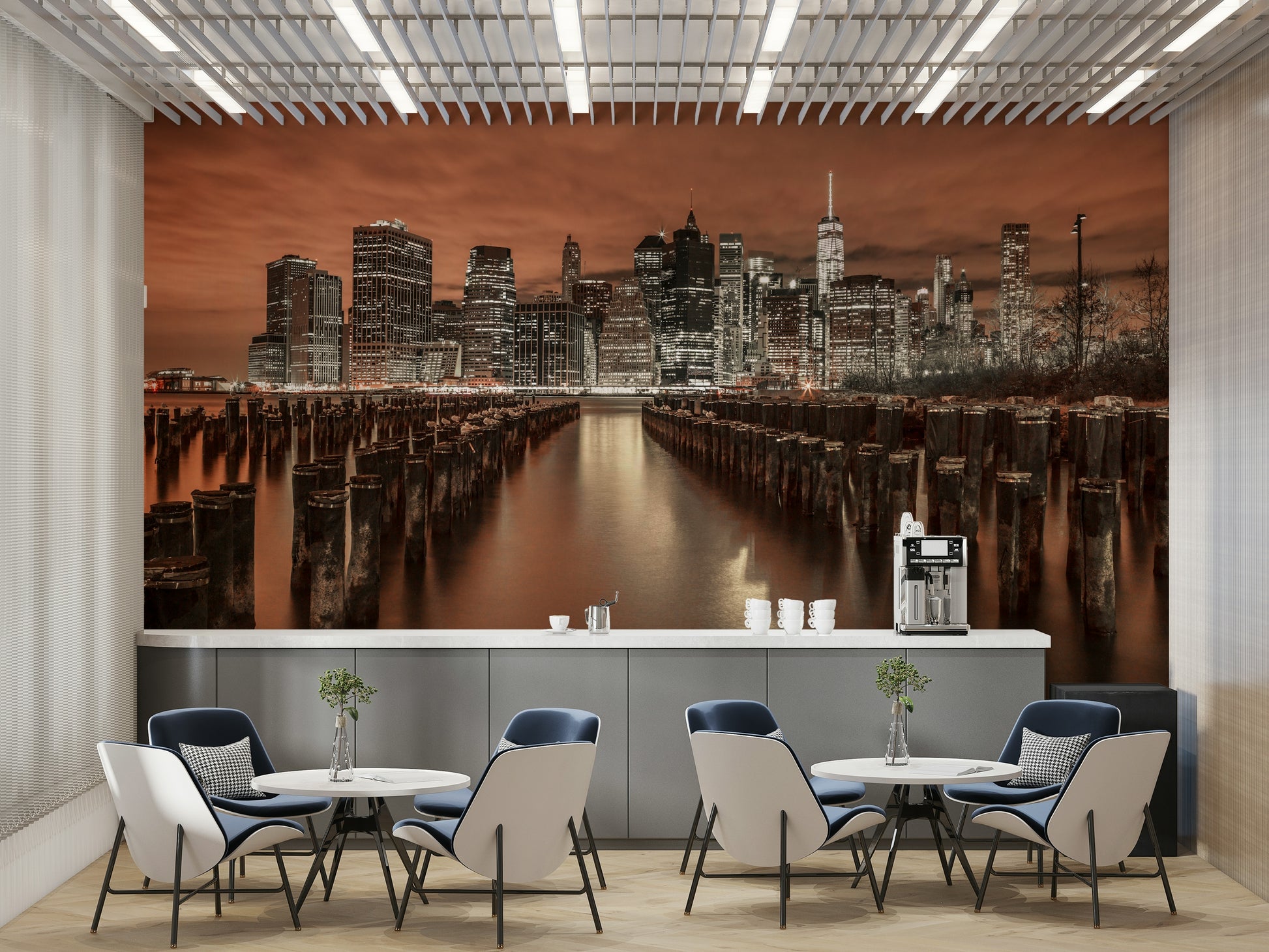 The mural gives a feeling of being in a classic urban setting.

