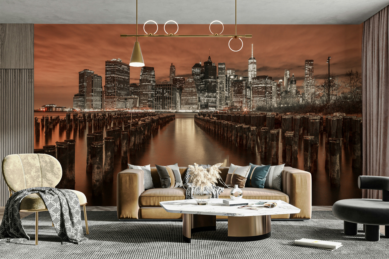 A high-resolution photo-realistic wall mural of the Manhattan skyline at dusk.


