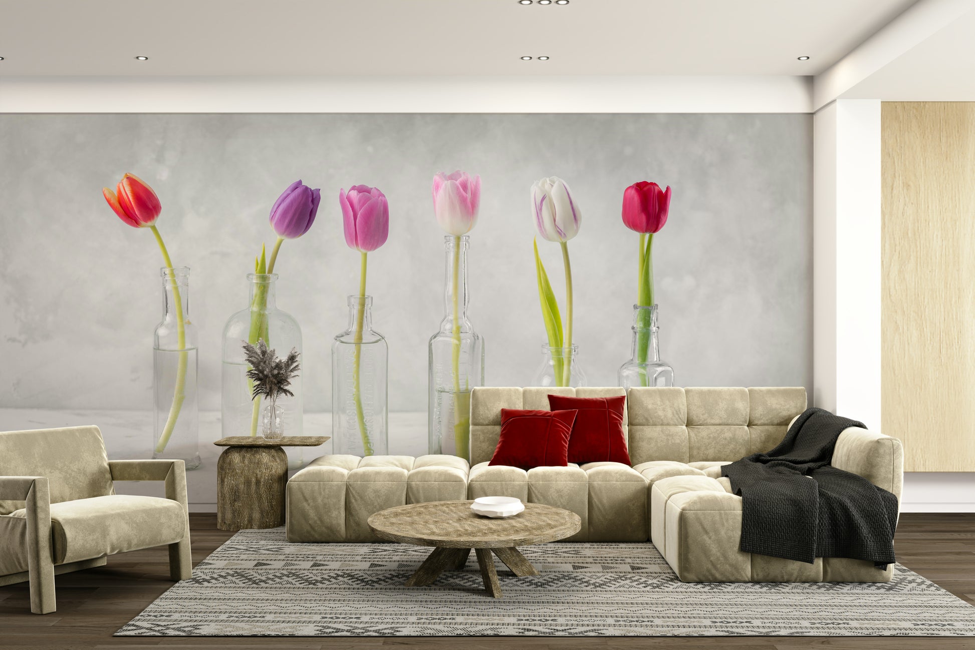 The Bottled Blooms mural gives the space a timeless and artistic feel.

