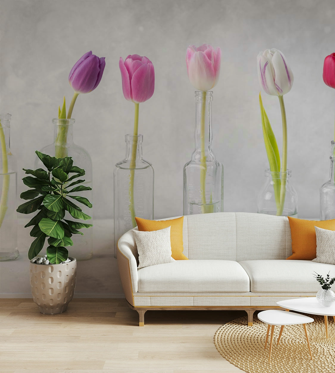 A close-up view of a single tulip in a glass bottle.

