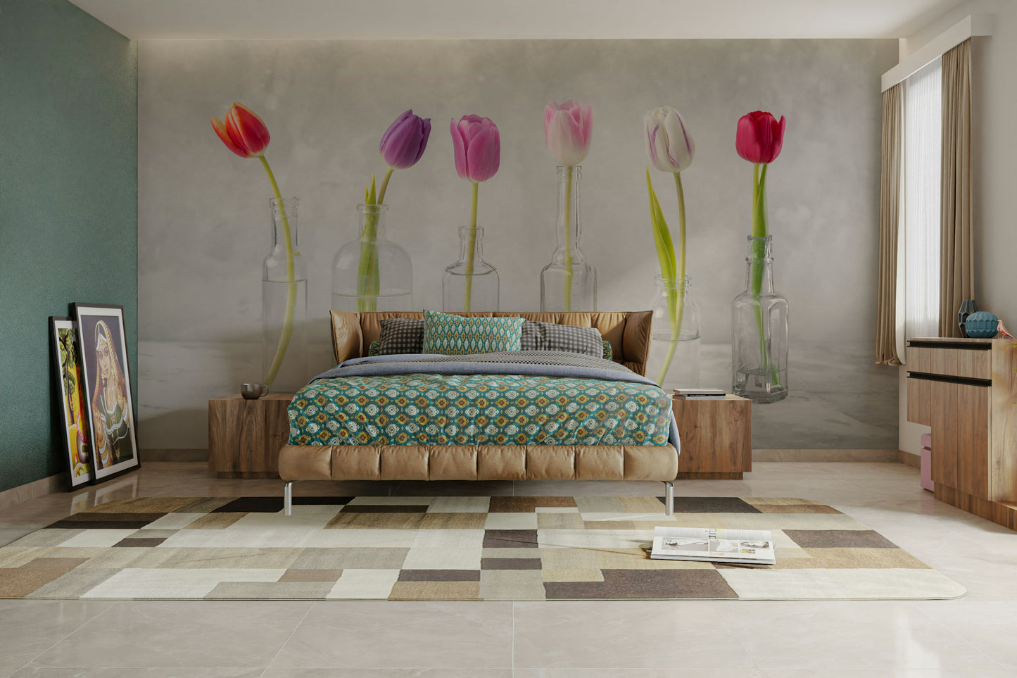 The wall mural is installed on a living room feature wall.

