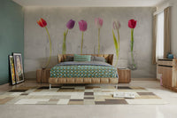 The wall mural is installed on a living room feature wall.

