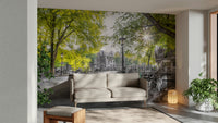 A high-resolution photo-realistic wall mural of a street scene in Amsterdam.

