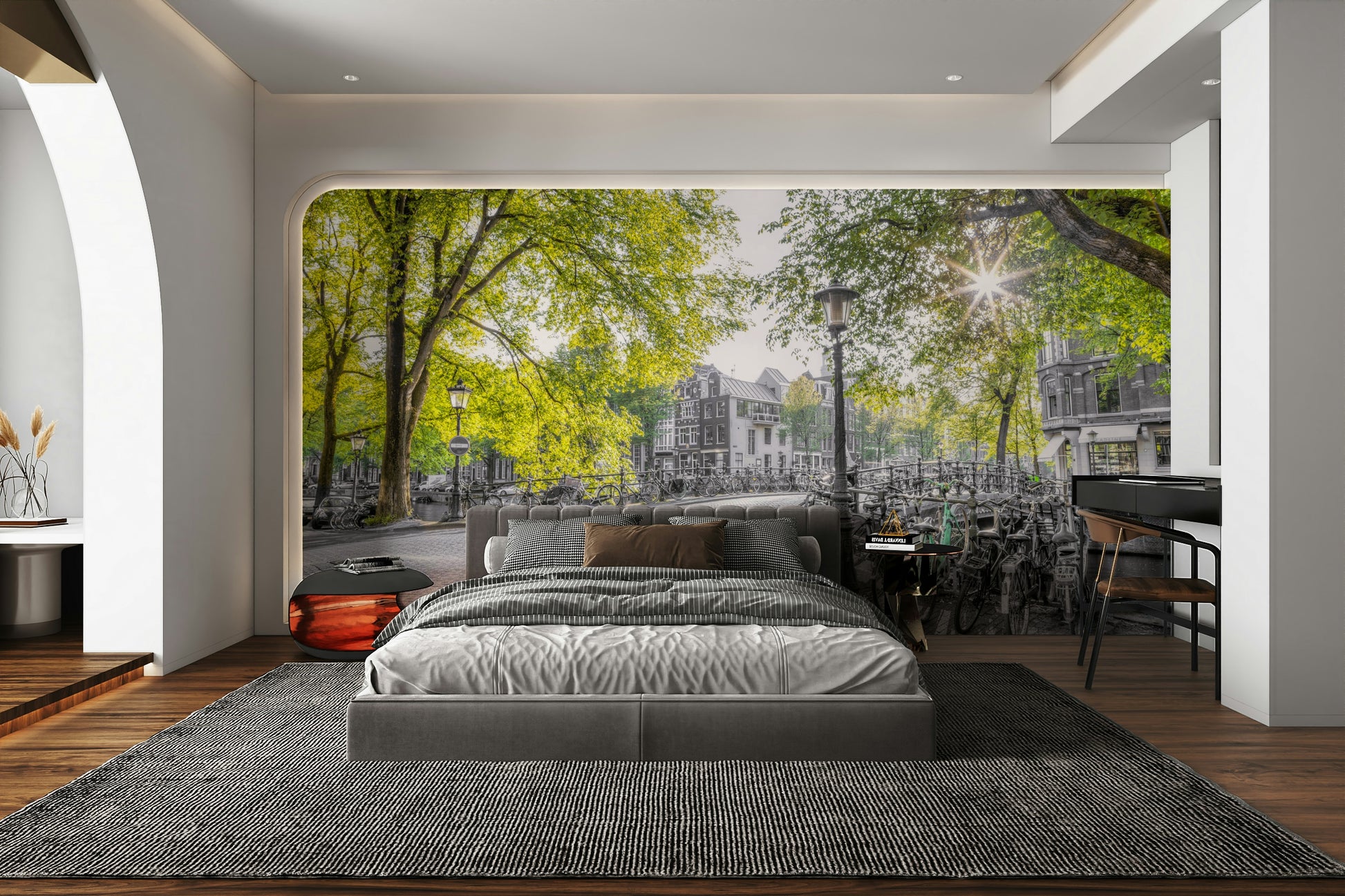 The room feels artistic and modern due to the unique color treatment.

