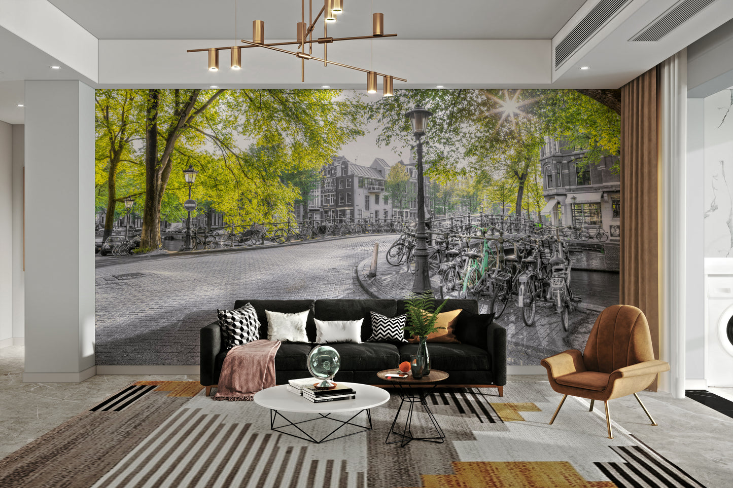 The image shows a cobblestone street and a canal lined with parked bicycles.

