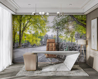 The wall mural is installed on a living room feature wall.

