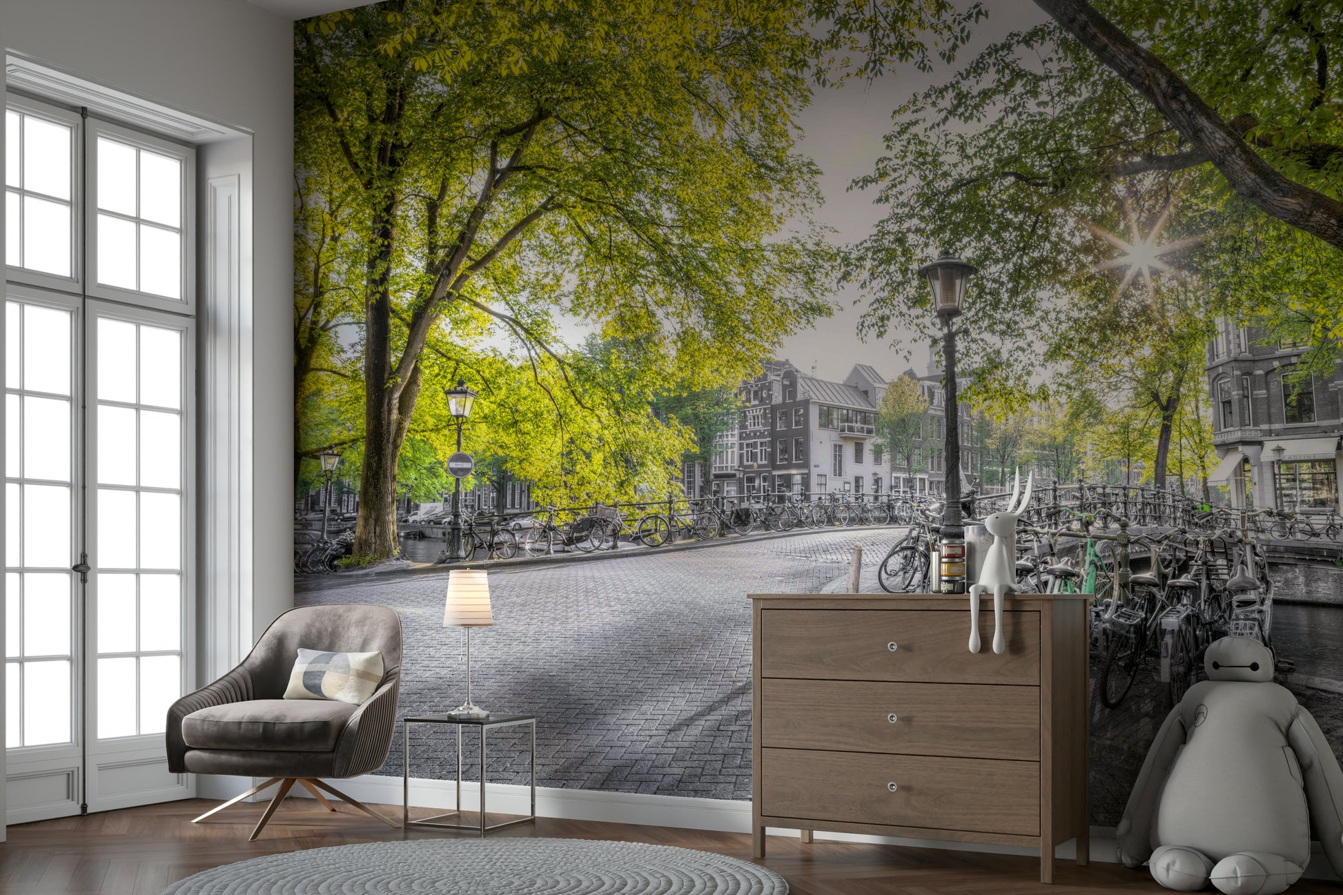 The background, including the buildings and street, is in grayscale.

