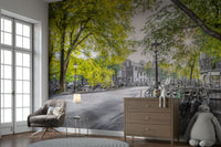 The background, including the buildings and street, is in grayscale.

