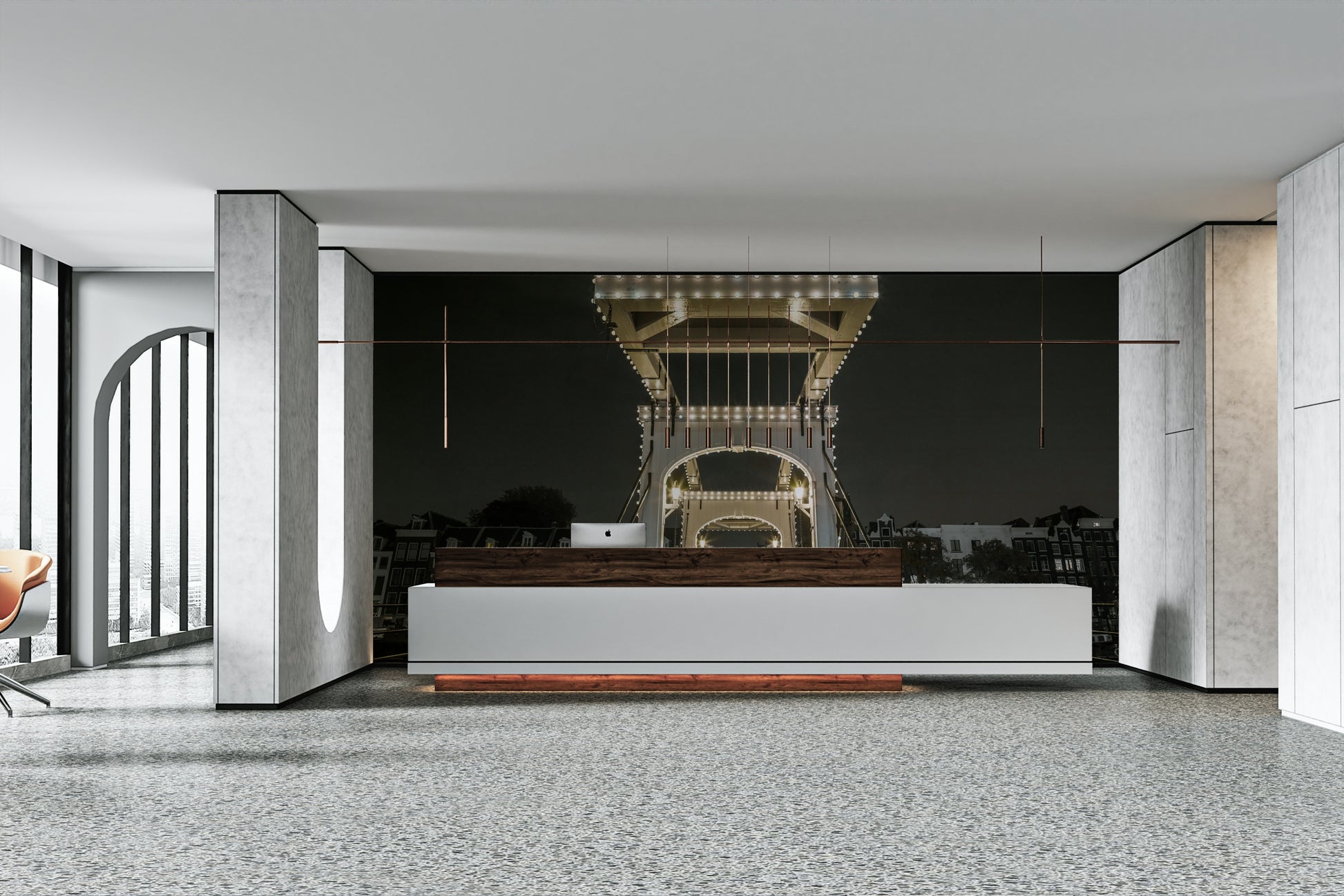 A close-up view of a string of lights on the bridge structure.

