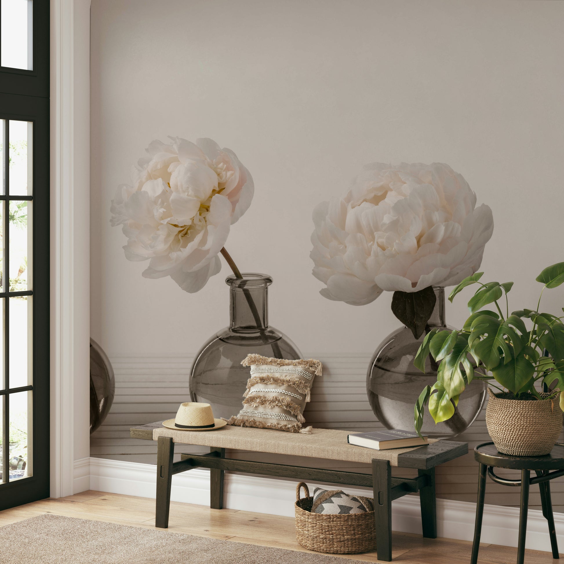 A high-resolution photo-realistic wall mural of a row of four peonies in glass vases.

