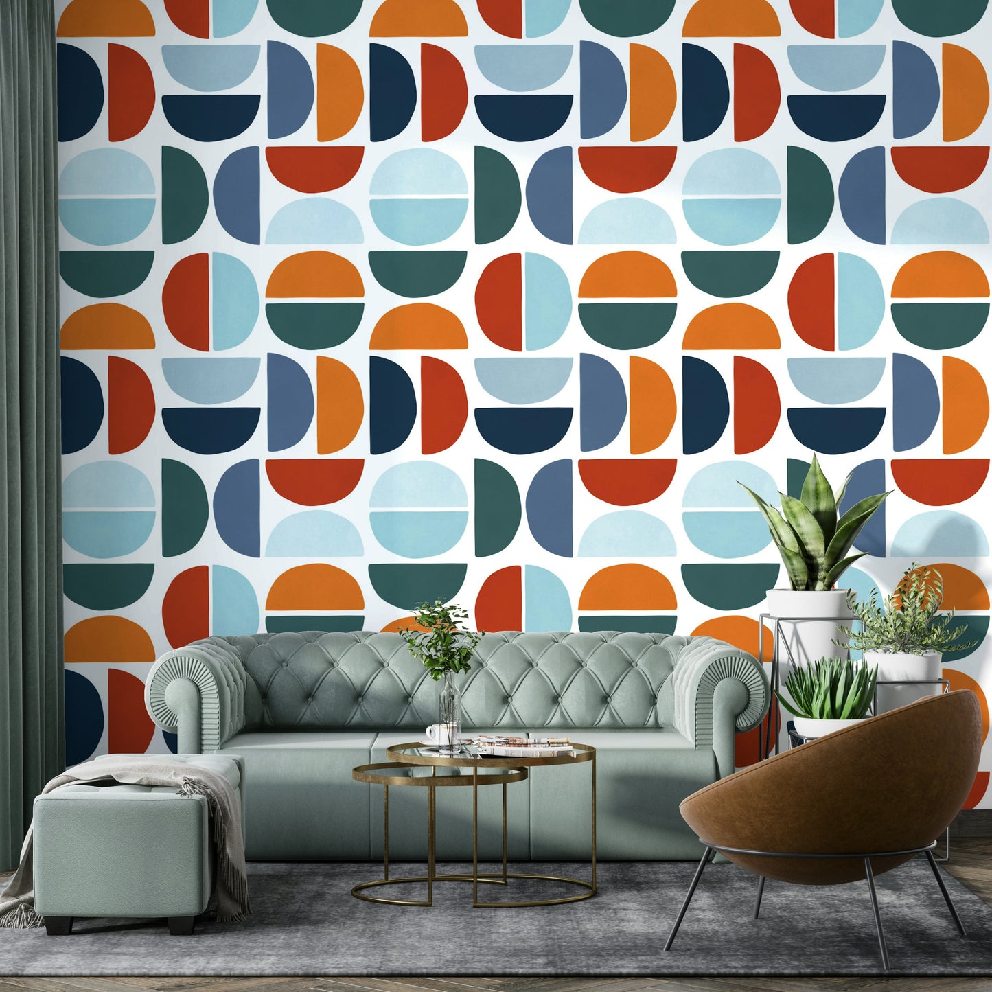 The wall mural is installed on a living room feature wall.

