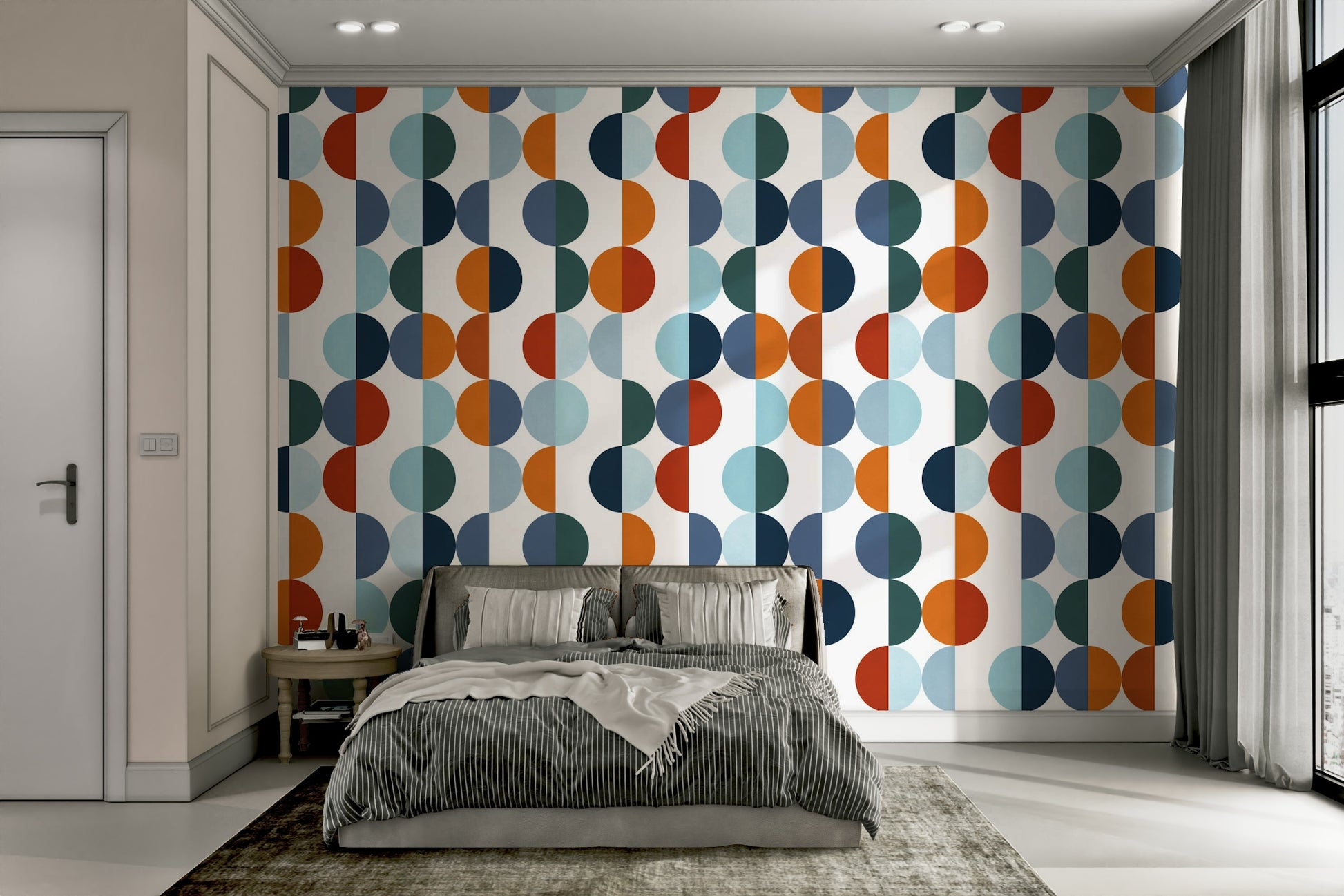 The design features a geometric arrangement of circles and intersecting lines.

