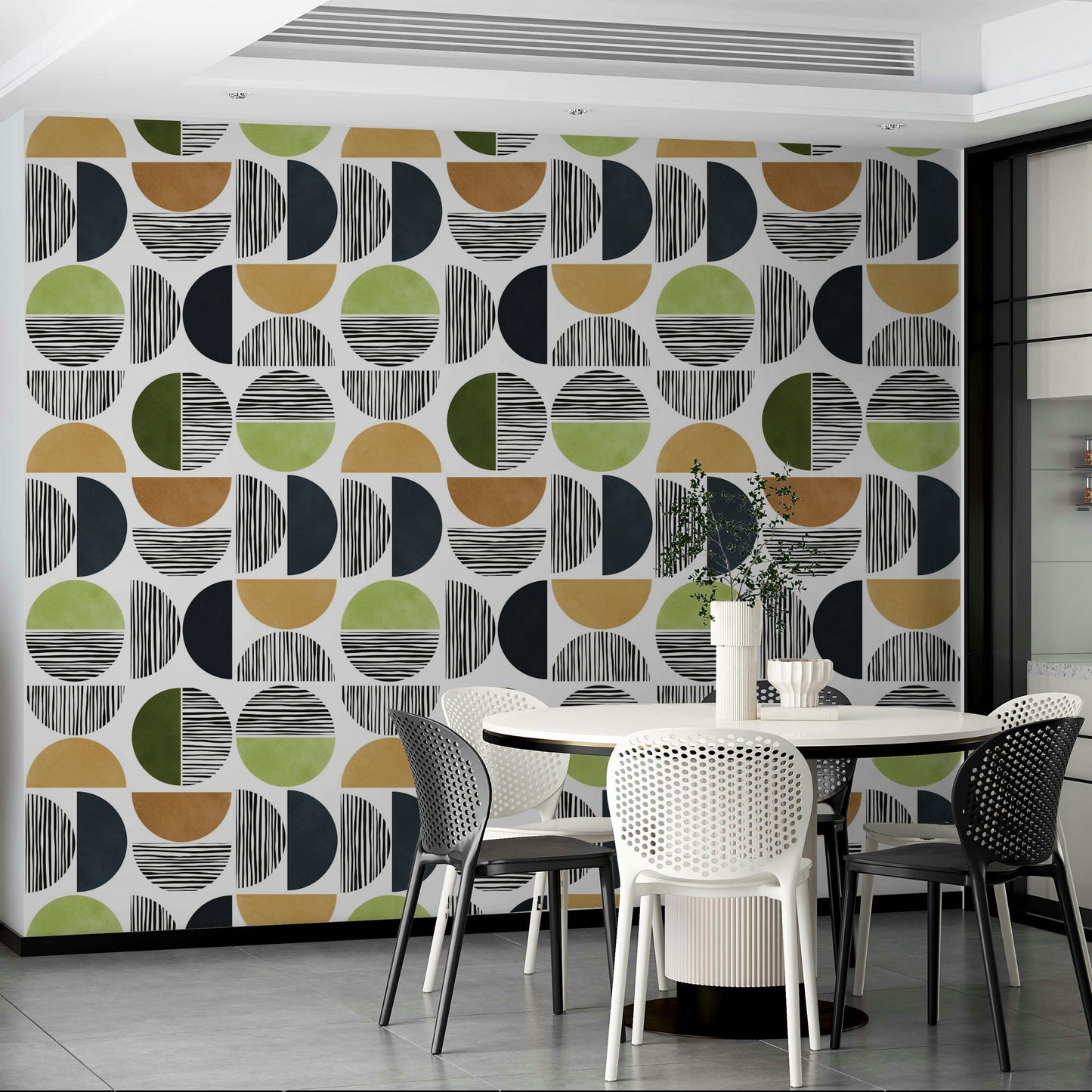 The wallpaper is applied seamlessly, giving the wall a uniform, high-end look.


