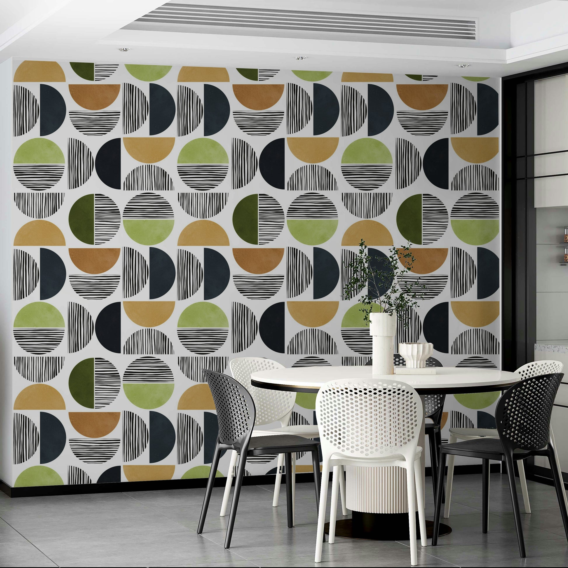 The wallpaper is applied seamlessly, giving the wall a uniform, high-end look.

