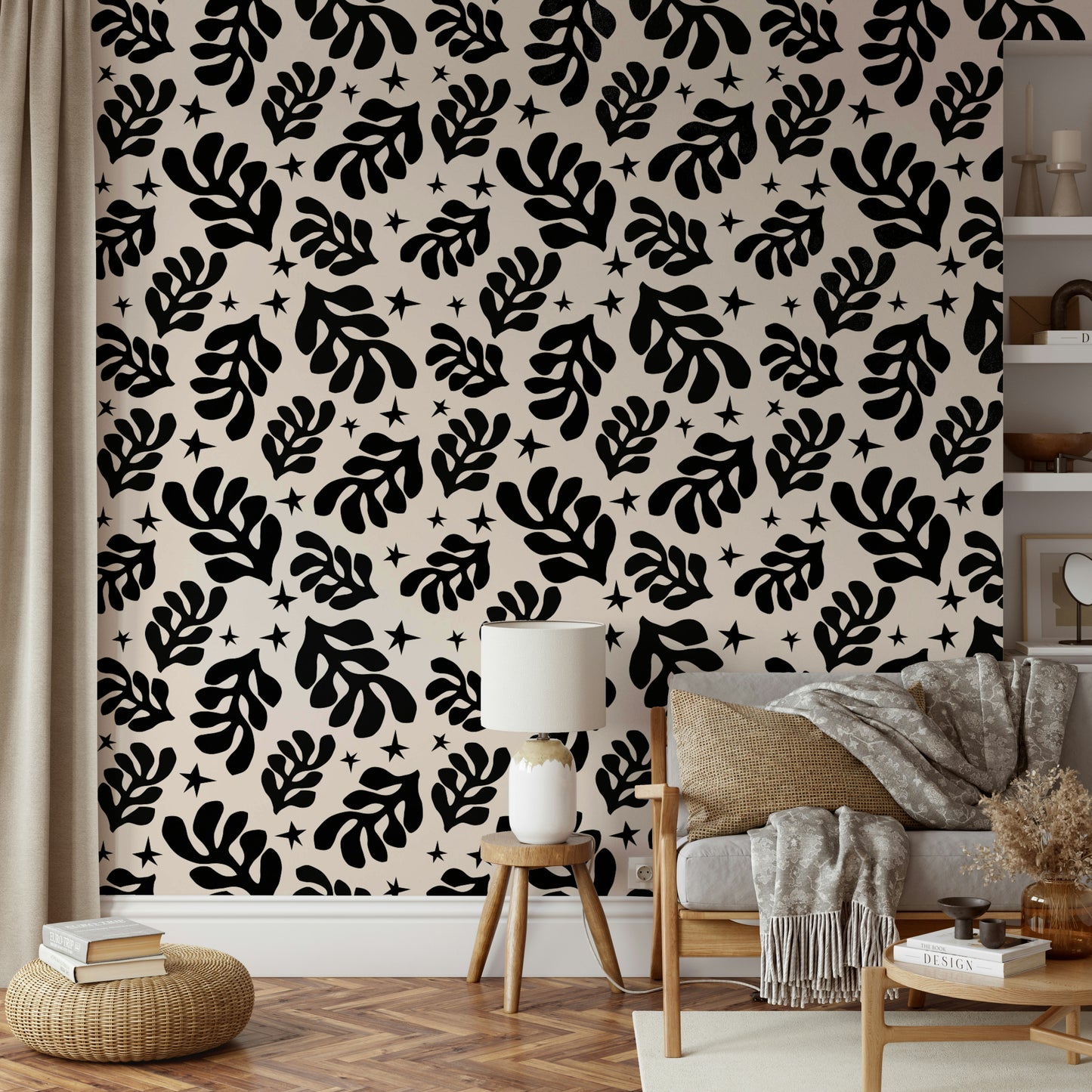 The wall mural is installed on a living room feature wall.

