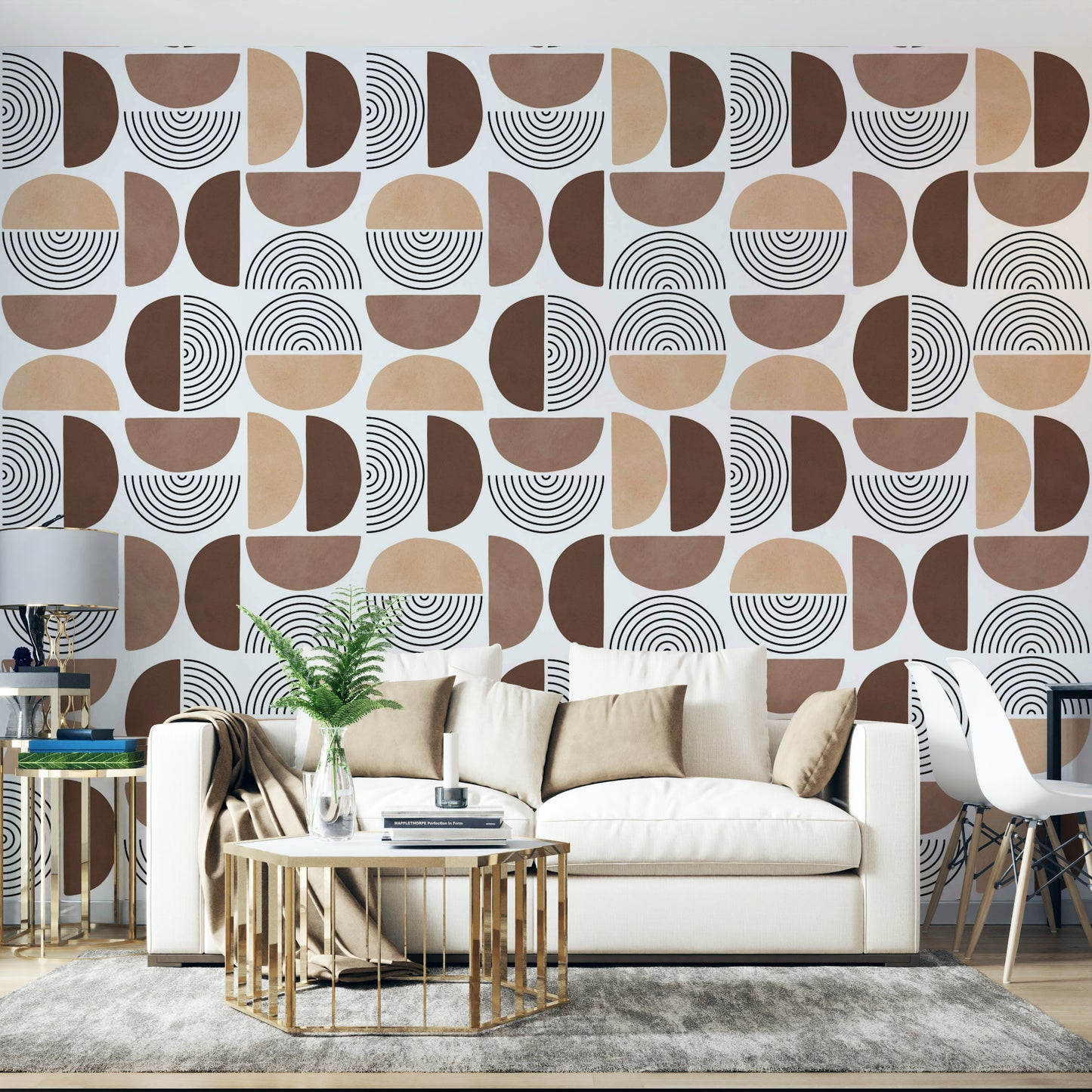 The wall mural is installed on a living room feature wall.

