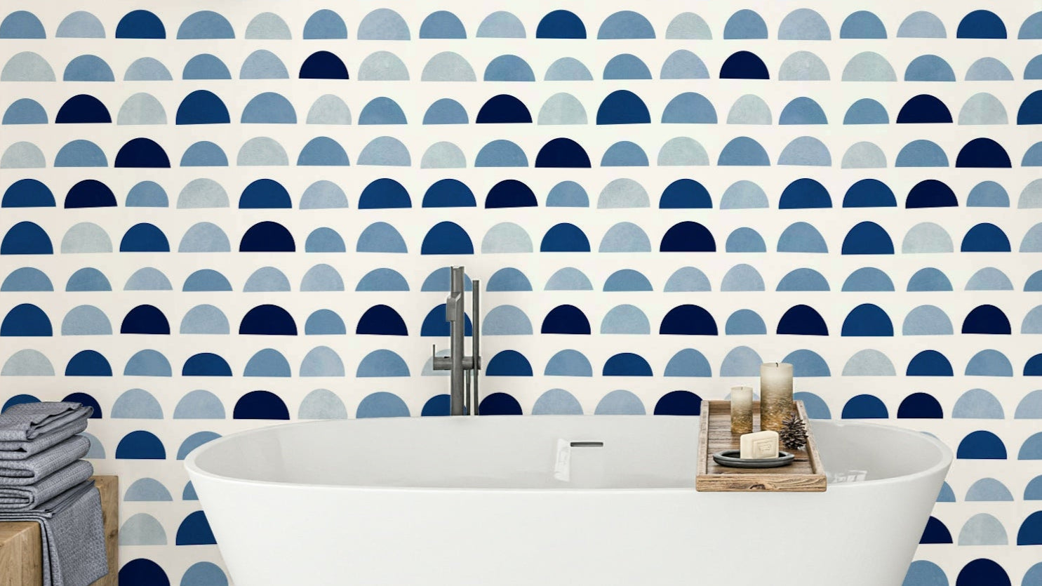 A modern wall mural with a repeating pattern of half-moon shapes.

