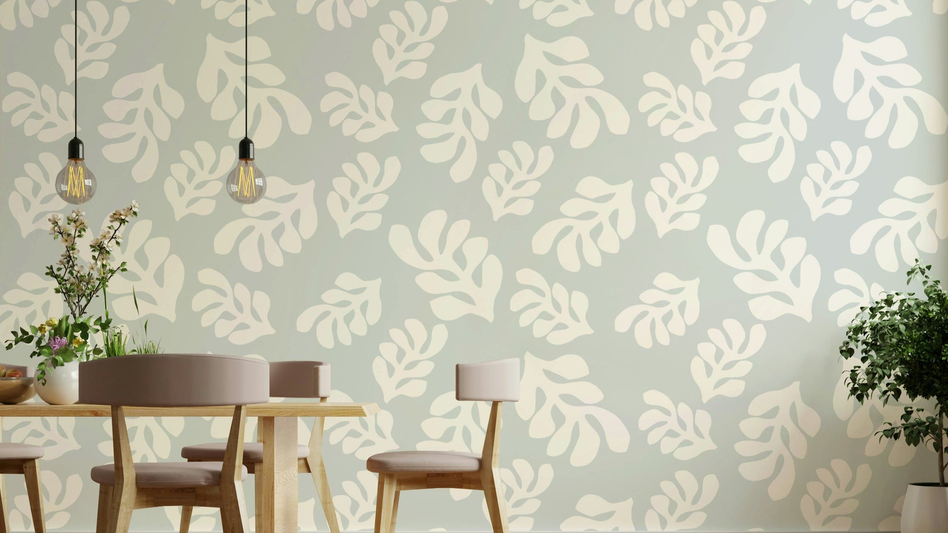 The design features various types of leaves and foliage.

