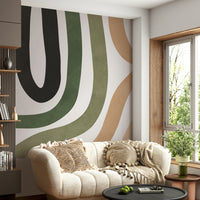 The wall mural is installed on a living room feature wall.

