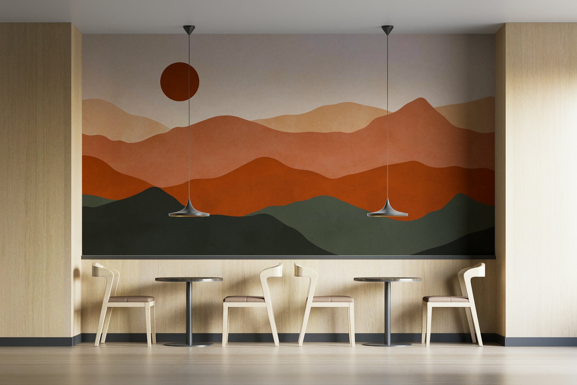 The wallpaper is applied seamlessly, giving the wall a uniform, high-end look.

