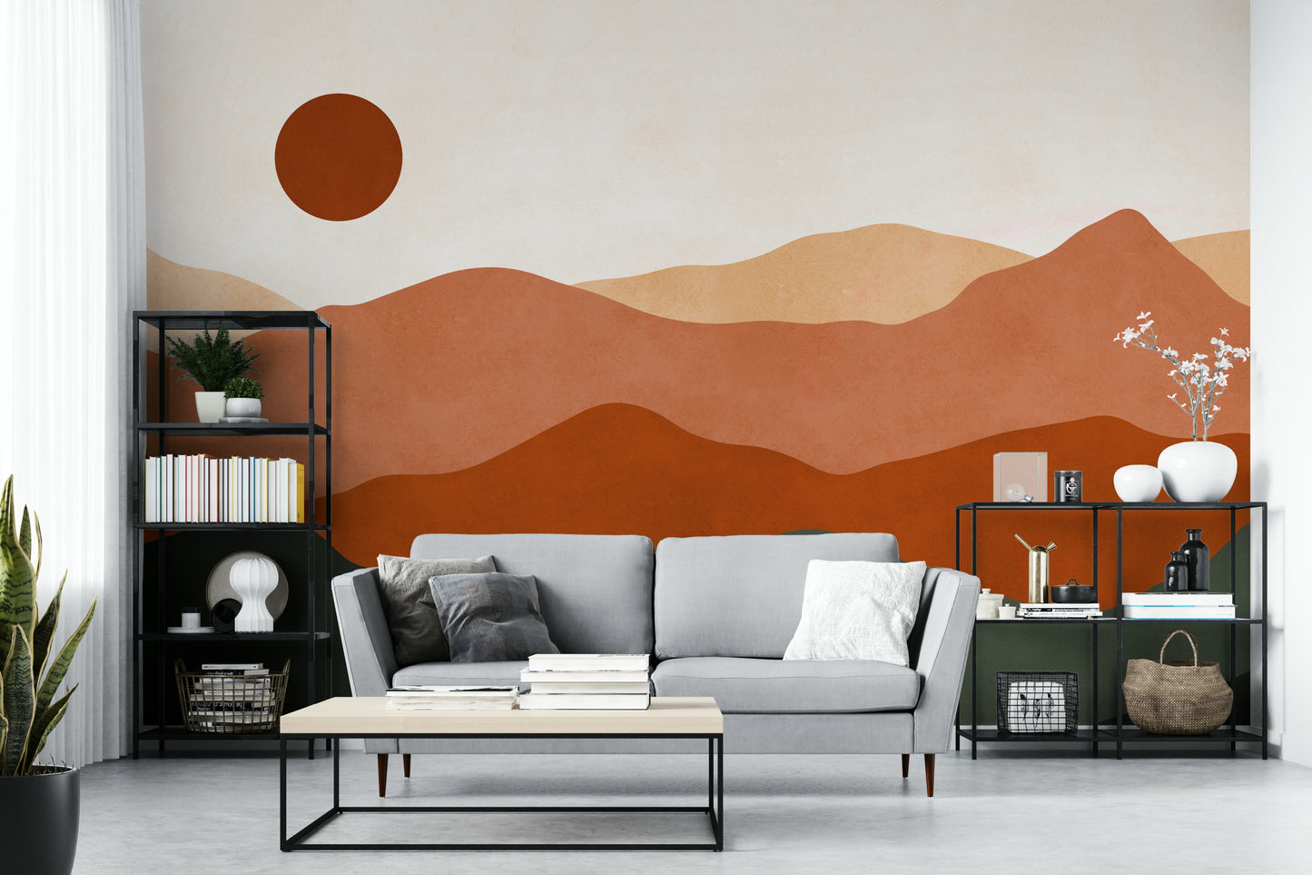 The colors are a warm, earthy palette, including terracotta, beige, and soft gray.

