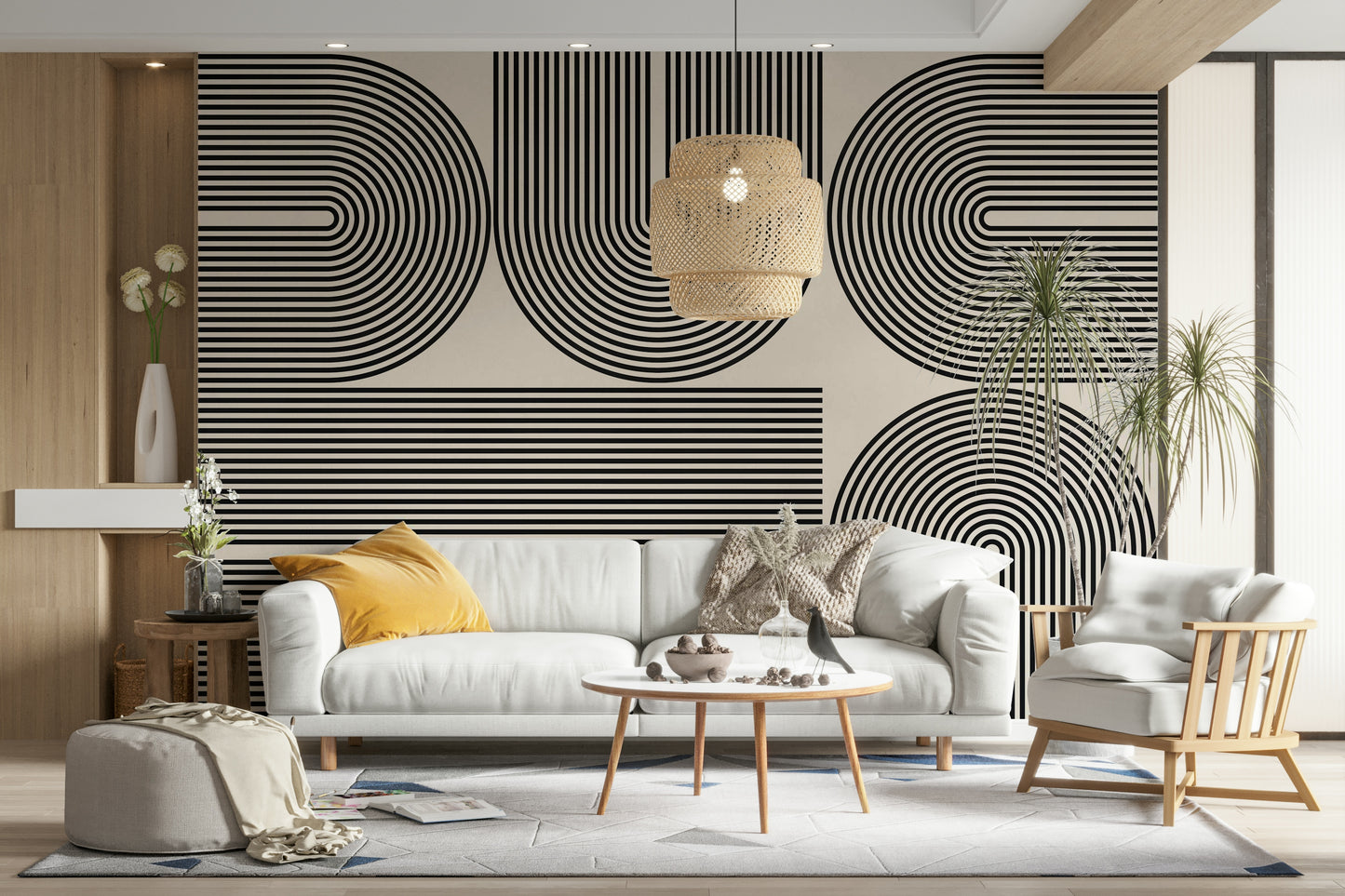 The wall mural is installed on a living room feature wall.

