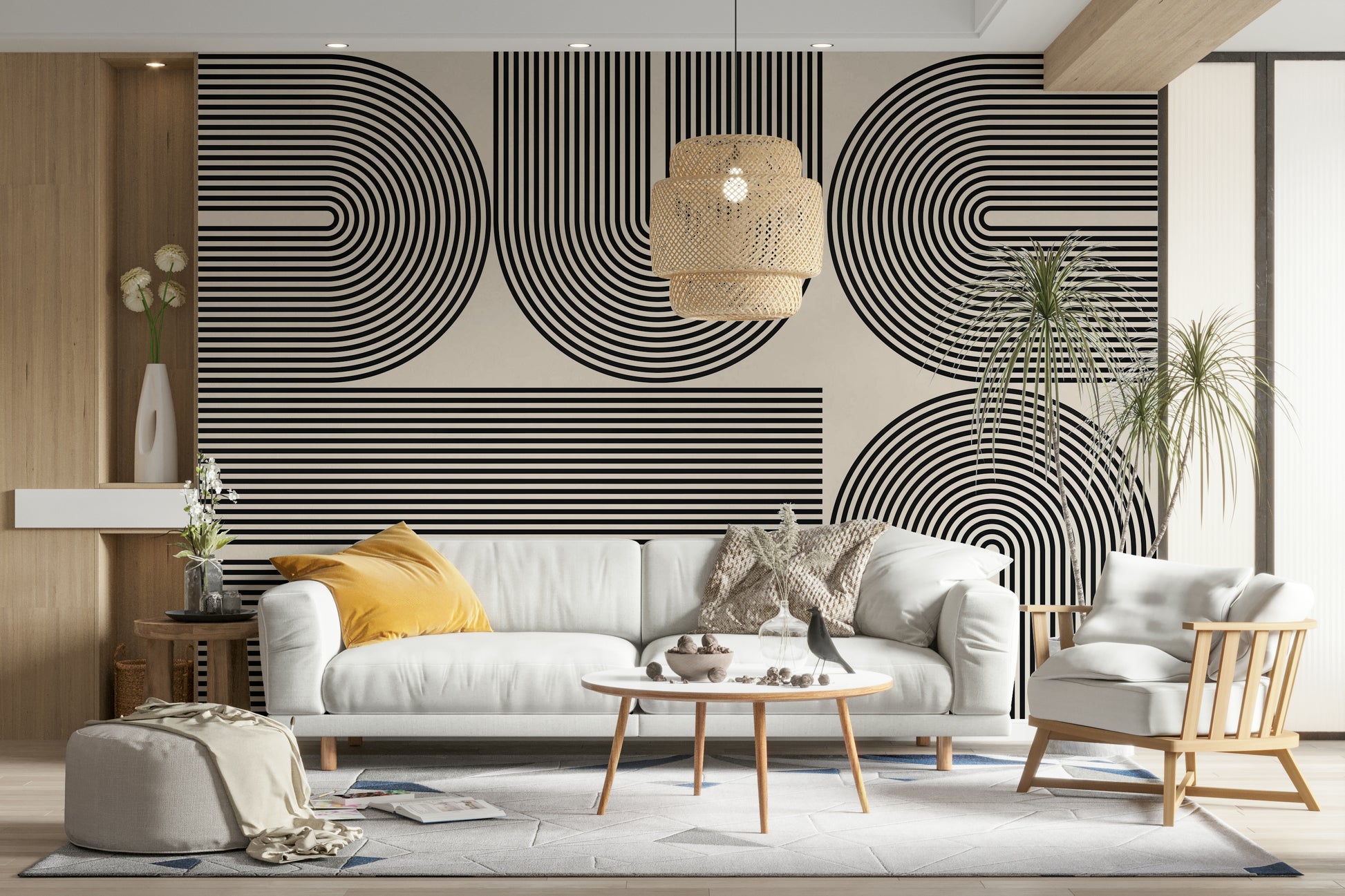 The wall mural is installed on a living room feature wall.

