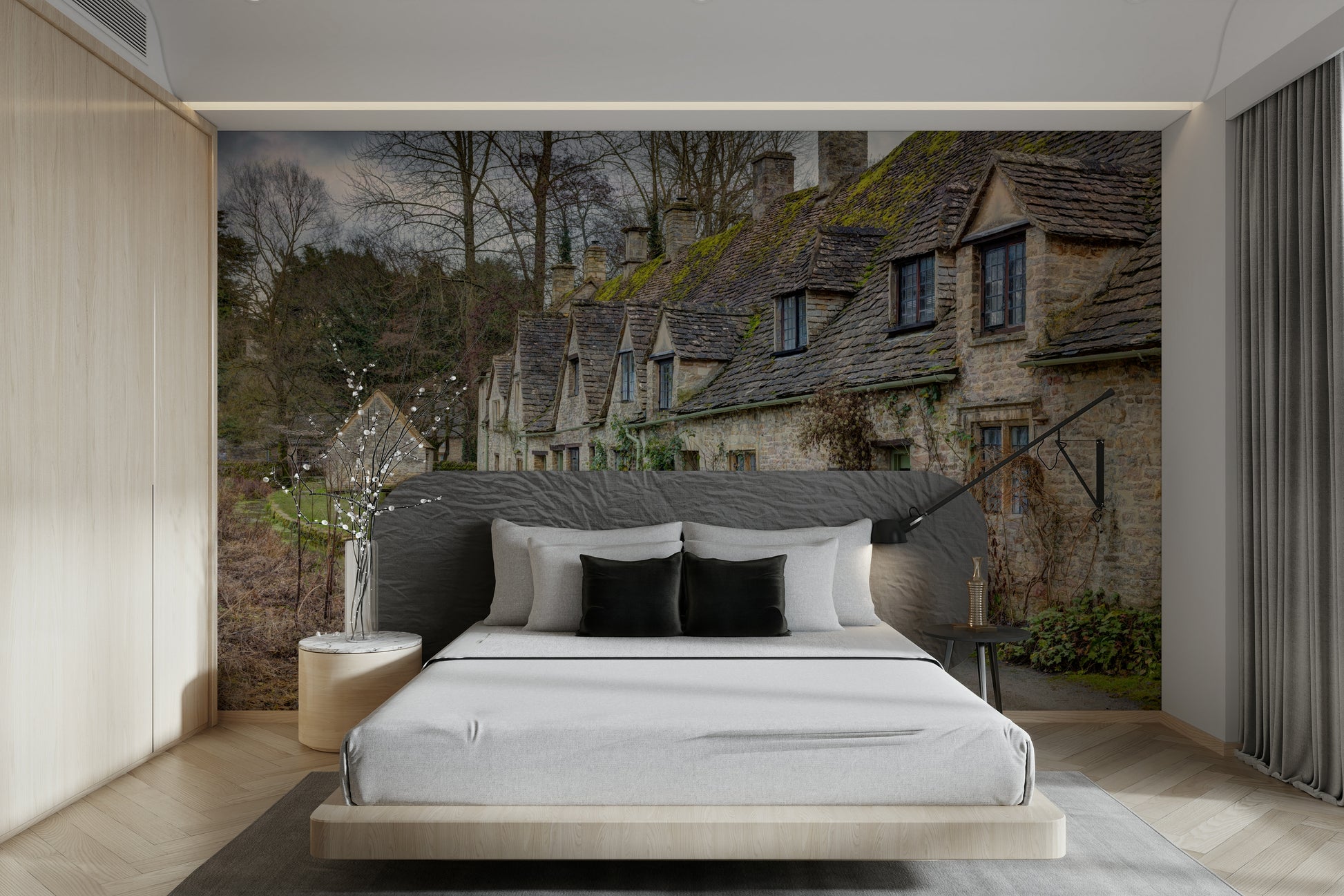 The wallpaper is applied seamlessly, making the view feel realistic.

