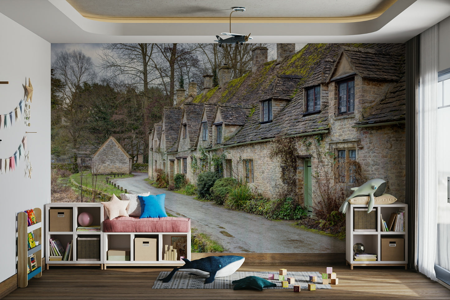 The room feels cozy and tranquil due to the historic landscape.

