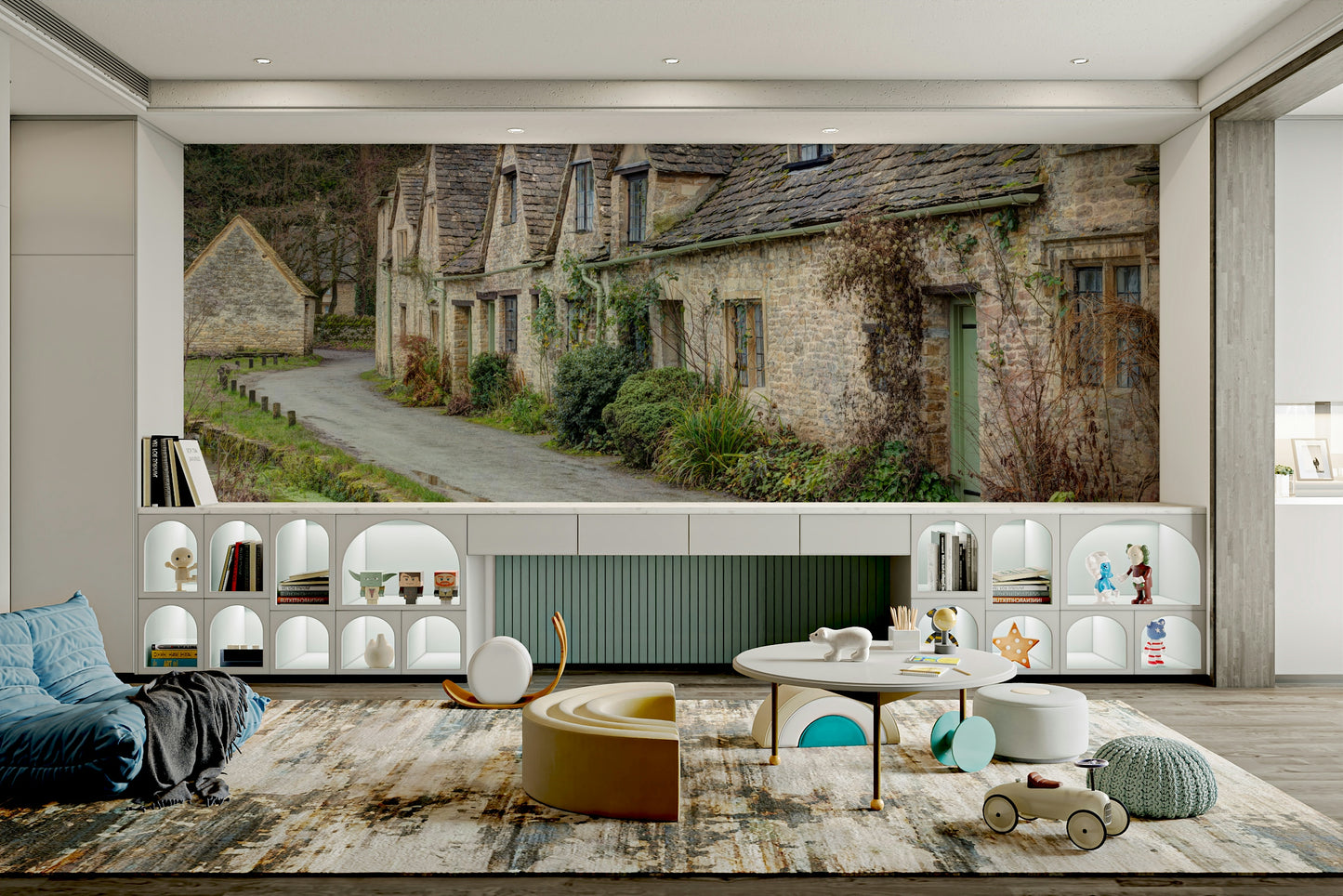 The wall mural is installed on a living room feature wall.

