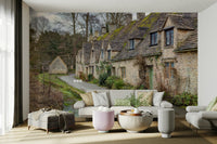 A high-resolution photo-realistic wall mural of Arlington Row in Bibury, England.

