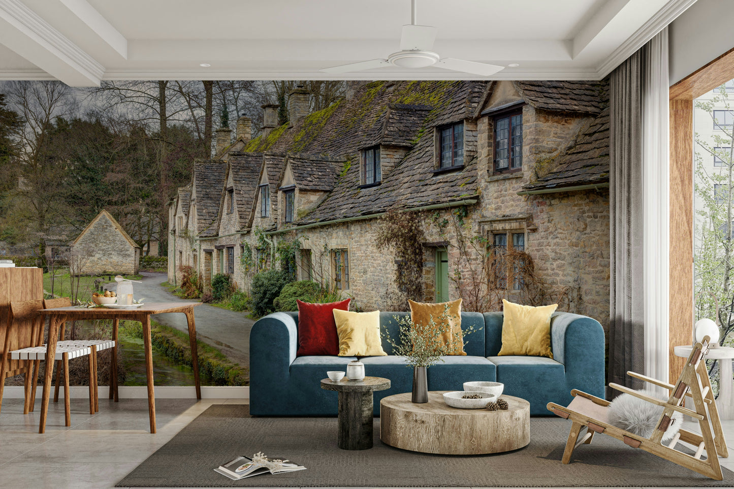 The scene has a peaceful, serene, and charming cottage-country feel.

