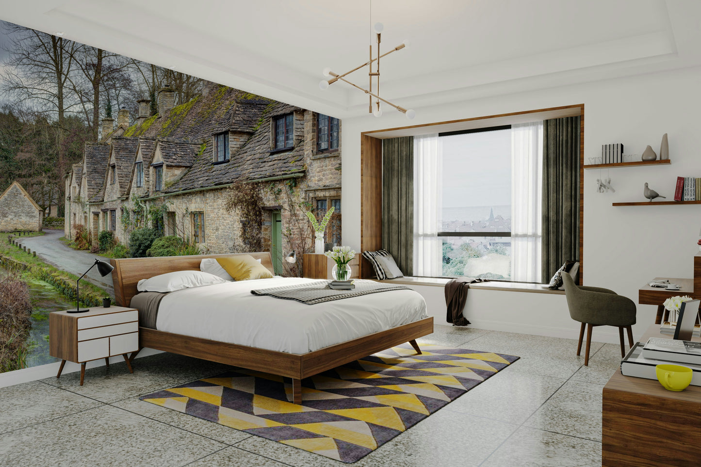 A close-up view of a stone cottage with a small window.

