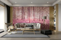 The image shows a tranquil woods with trees and soft light filtering through.

