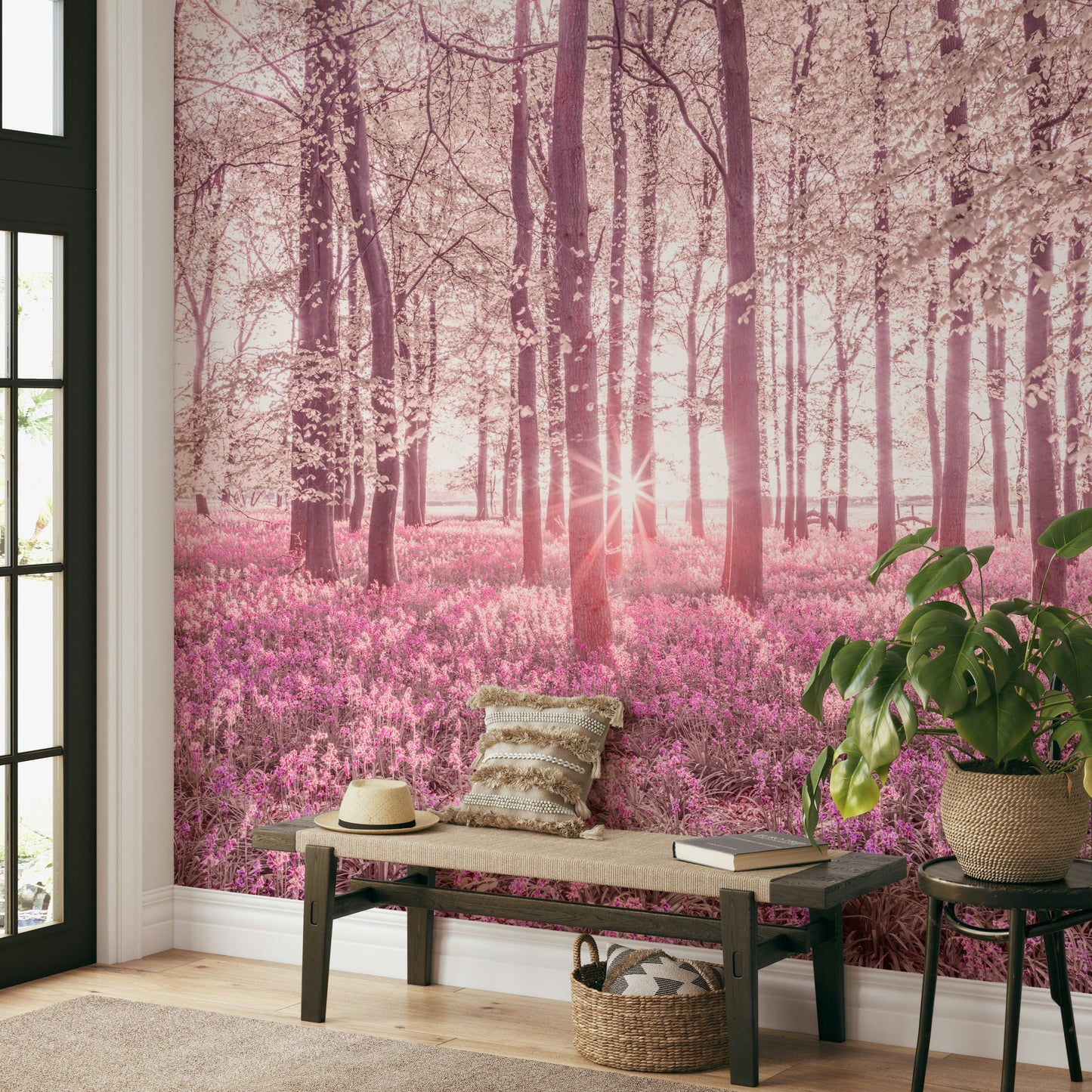 A close-up view of the detailed trees and the rosy light.

