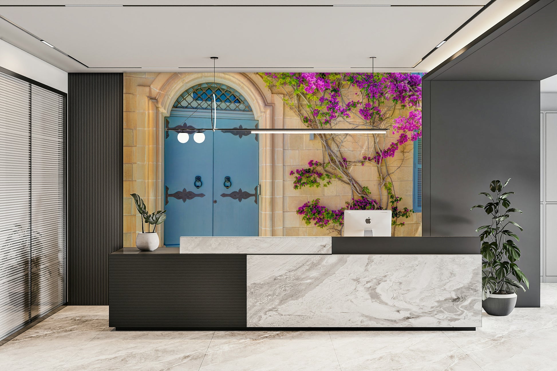 The wall mural is installed on a living room feature wall.

