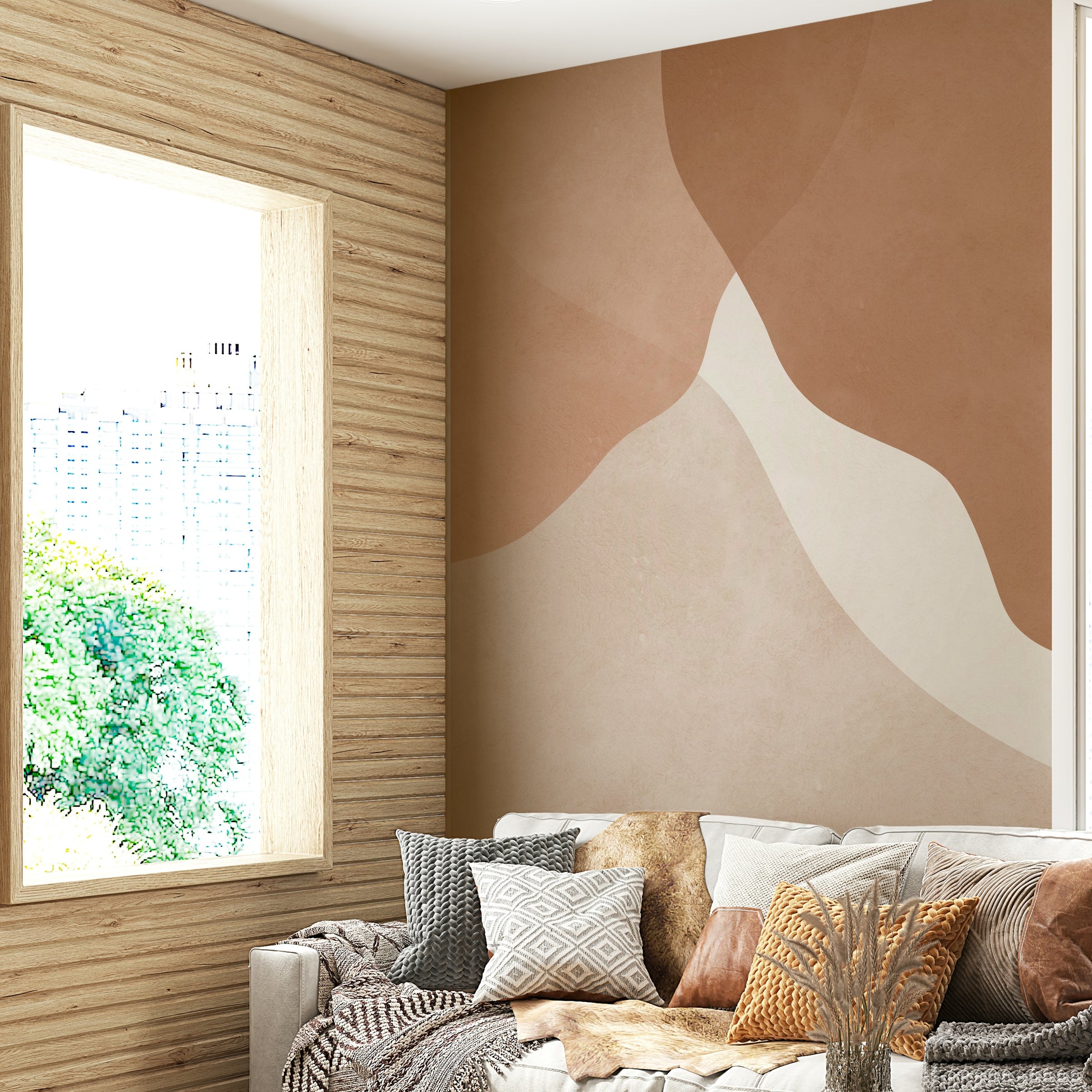 An abstract wall mural with flowing, curved shapes.

