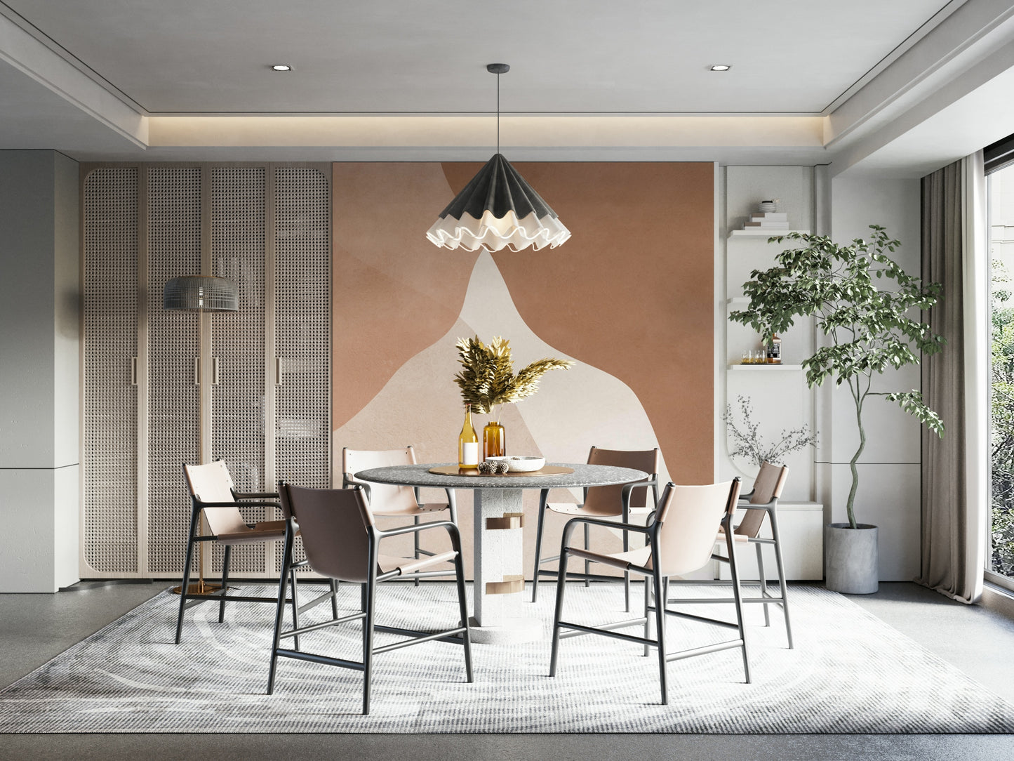 The colors are warm, earthy tones, including terra cotta, beige, and sand.

