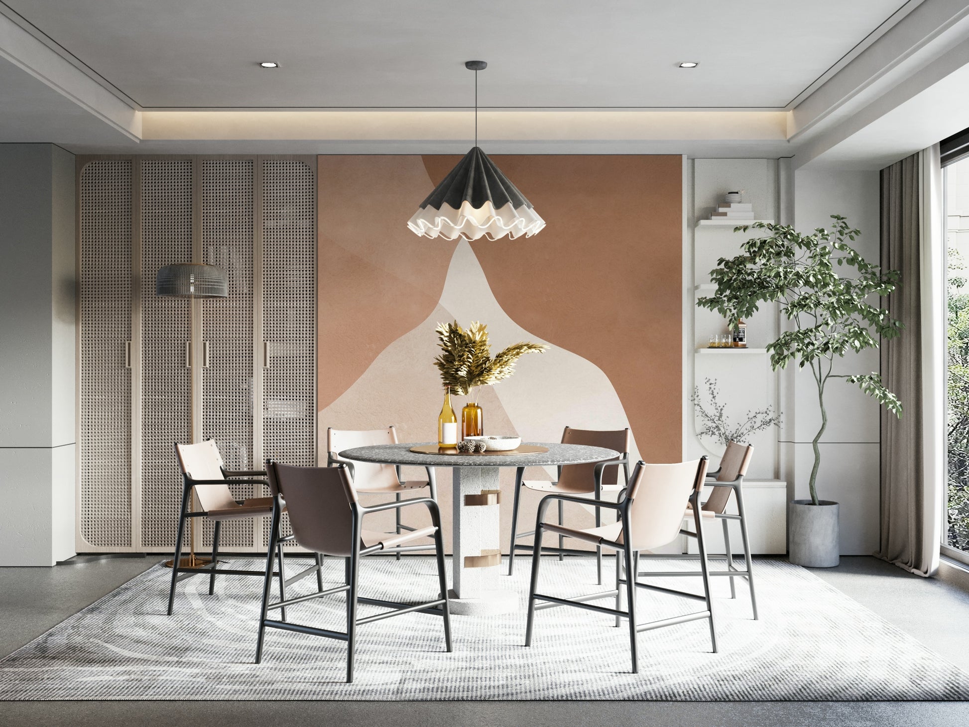 The colors are warm, earthy tones, including terra cotta, beige, and sand.

