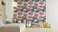 The wallpaper is applied seamlessly, giving the wall a uniform, high-end look.

