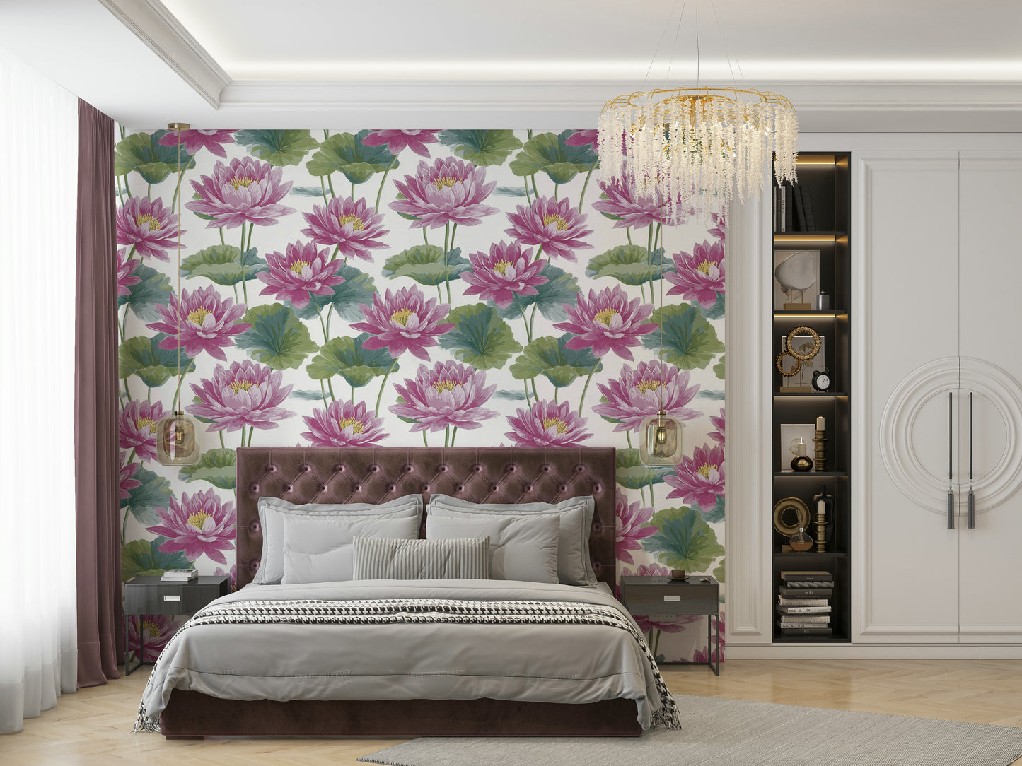 The wall mural is installed on a feature wall in a bedroom.

