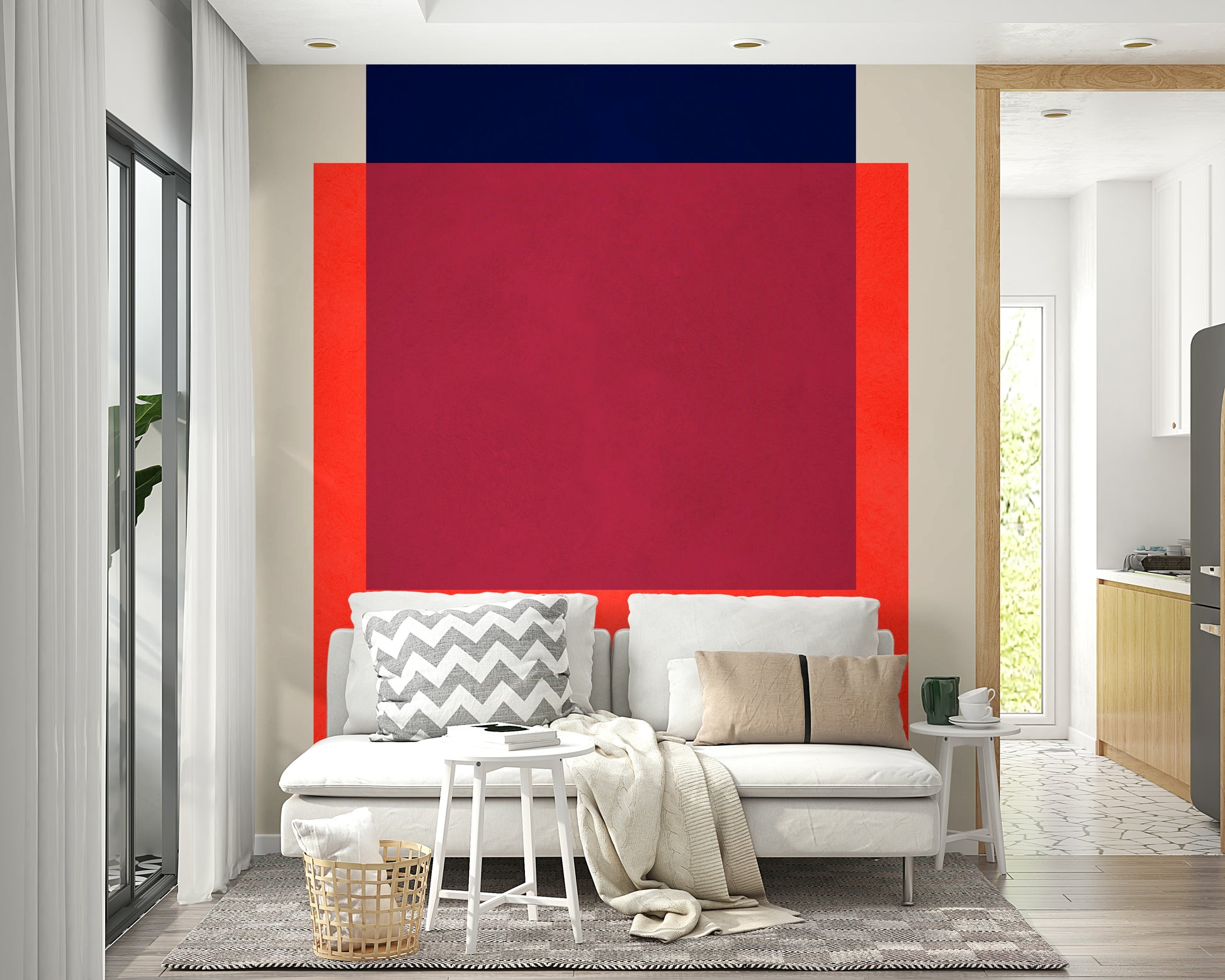 The design features large blocks of color.

