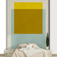 A wall mural with a geometric color block pattern.

